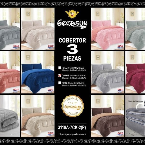 COBERTOR ACOLCHADO PIEL DE ANGEL C/ CARNERO 3PCS QUEEN (FARDOX20UND)