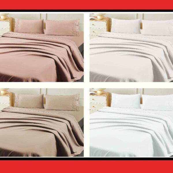 XL - 2 / SET DE SÁBANAS 4 PIEZAS CON ESTAMPADO Y BORDADO INGLES PREMIUM / (CAJA X 24 UNDS)