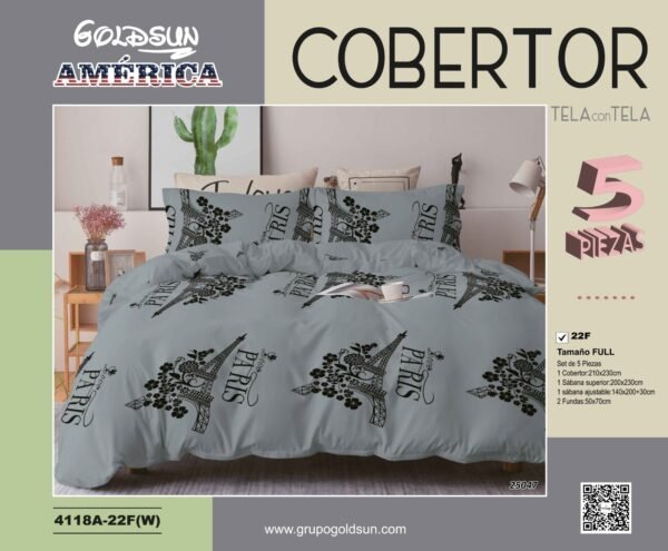 COBERTOR TELA CON TELA ACOLCHADO 5 PIEZAS 2 PLAZAS (FARDO X 20 UNDS)