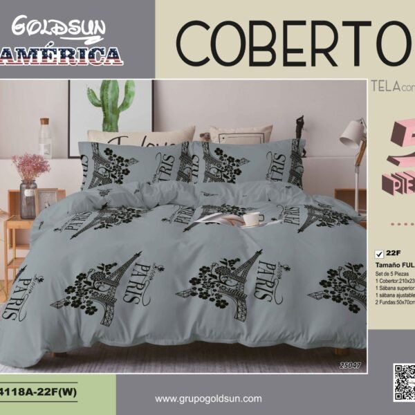 COBERTOR TELA CON TELA ACOLCHADO 5 PIEZAS 2 PLAZAS (FARDO X 20 UNDS)