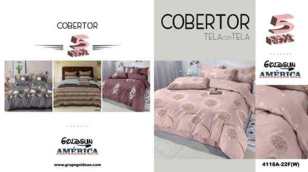 COBERTOR TELA CON TELA ACOLCHADO 5 PIEZAS 2 PLAZAS (FARDO X 20 UNDS)
