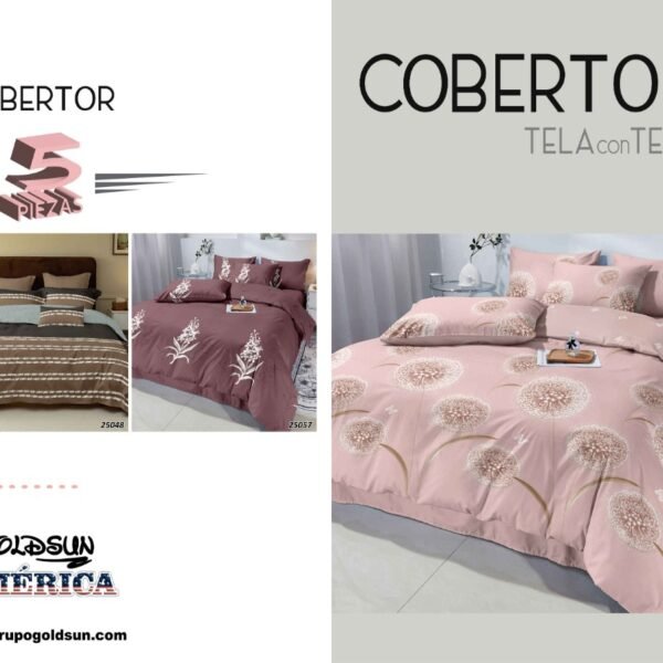 COBERTOR TELA CON TELA ACOLCHADO 5 PIEZAS 2 PLAZAS (FARDO X 20 UNDS)