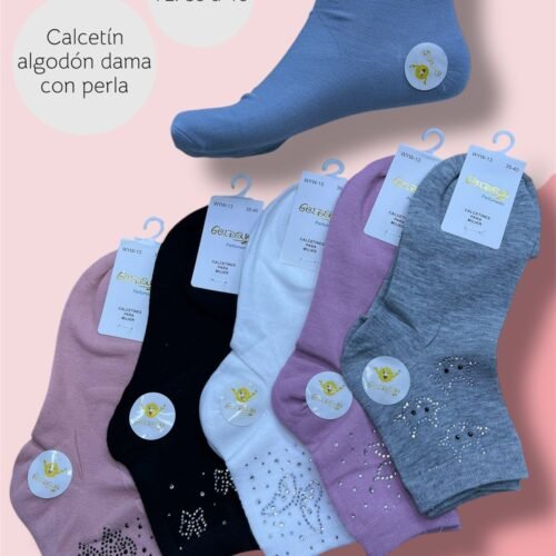 MEDIAS TOBILLERAS DE ALGODON DECORADAS CON PERLAS (FARDO X 100 DOC)