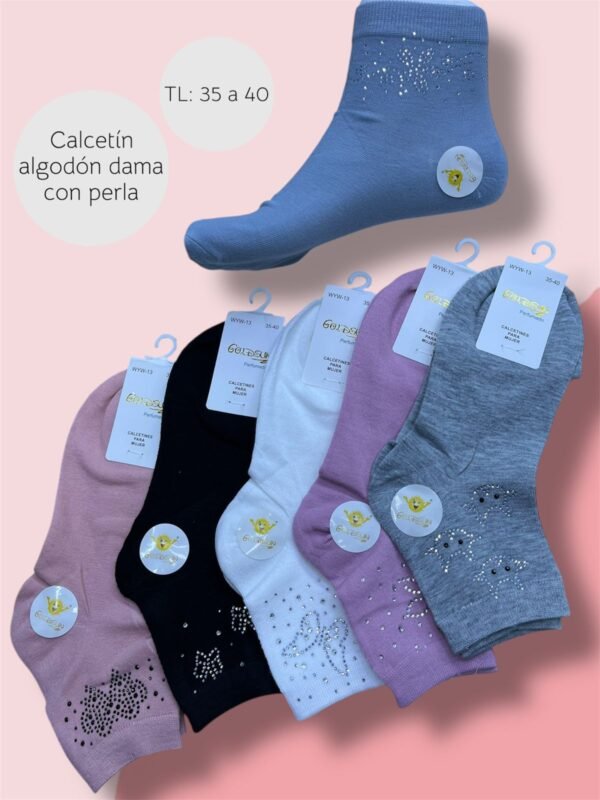 MEDIAS TOBILLERAS DE ALGODON DECORADAS CON PERLAS (FARDO X 100 DOC)